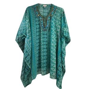 Chico's Emerald Green Top with Bling in Small Short Sleeve Bohemian Style
